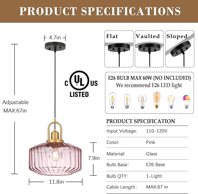11.8in Mid Century Modern Pink Glass Pendant Light Fixture, Large Gold Kitchen Island Pendants Light Glass Ceiling Hanging Lamp for Foyer Dining Room Bedroom Entryway Hallway Over Sink