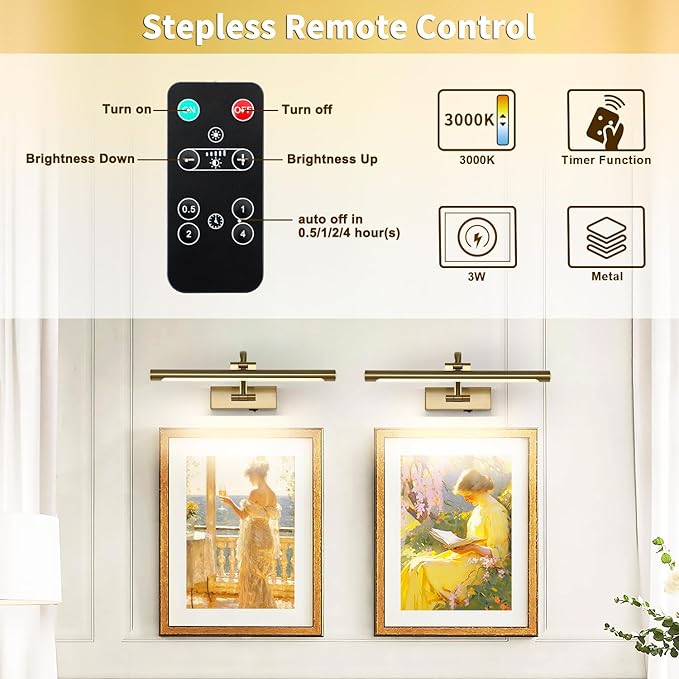 DESOOP Battery Operated Picture Light with Remote and Timer, Wireless Art Lights for Paintings Brass Rechargeable Gallery Light Dimmable Artwork Lighting for Canvas, Portrait 16'' Inch Warm White