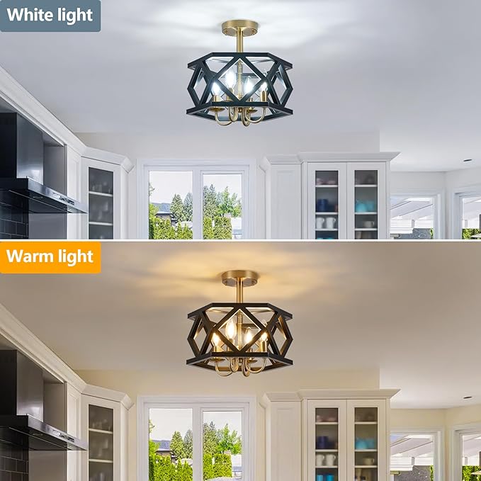 Black and Brushed Gold Semi Flush Mount Ceiling Light, Farmhouse Modern Light Fixture, 4-Light Metal Hallway Ceiling Lamp, Small Chandelier for Foyer Entryway Porch Bedroom Kitchen, E12 Base