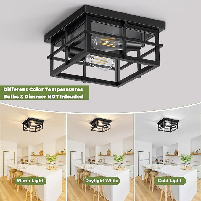 2-Light Black Flush Mount Ceiling Light, Farmhouse Kitchen Lighting Fixtures with Clear Glass, Outdoor Porch Lights Ceiling Mount, Square Hallway Light Fixtures for Bedroom Living Room Balcony