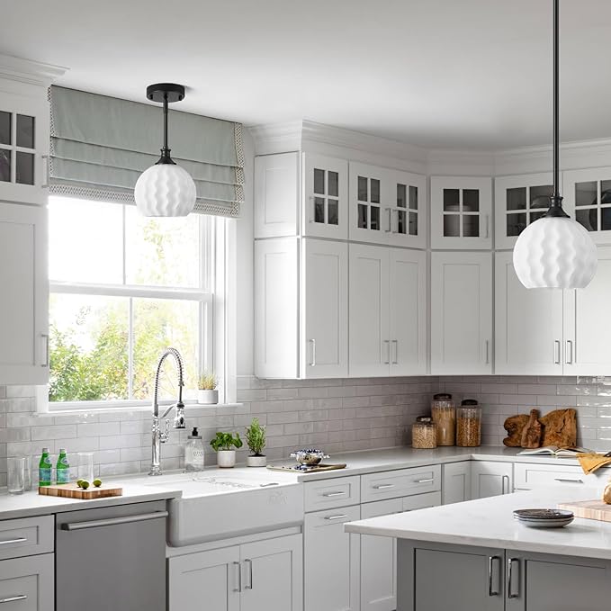 Black Pendant Lights Kitchen Island 2 Pack, 7.3" Modern Milk Glass Pendant Light Fixtures with Rods, Adjustable Height Hanging Lighting for Kitchen Sink Bathroom Dining Room