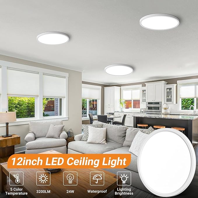 slochi 2Pack LED Flush Mount Ceiling Light Fixture, 12 Inch 24W, 3200LM, Super Slim 0.7 Inch, 3000K-6500K Adjustable Low Profile LED Ceiling Lights for Bedroom, Kitchen, Hallway(White)