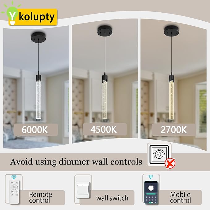 ykolupty Modern Pendant Lights Kitchen Island Black Crystal Mini Pendant Light with Dimmable LED 2700K-6000K,Bubble Crystal Chandelier Dining Room and Bar - 1 Pack