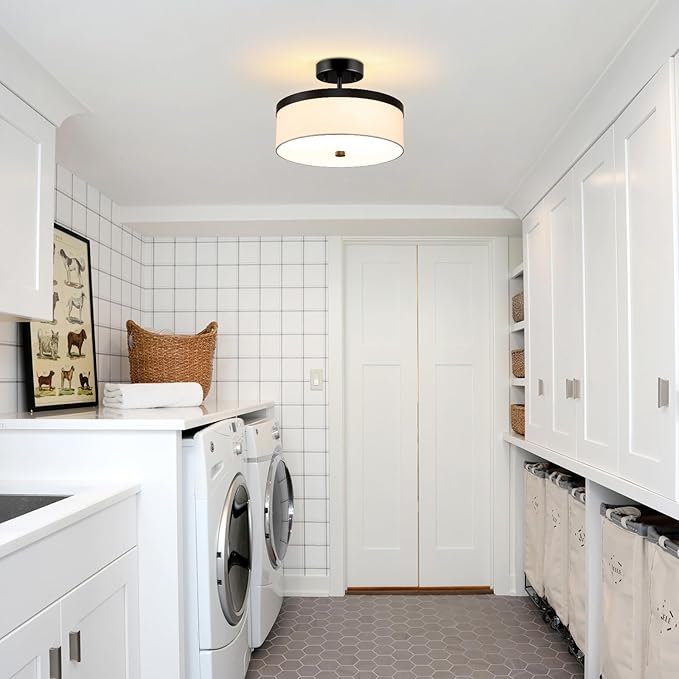 Semi Flush Mount Ceiling Light,12”Hallway Light Fixtures with White Fabric Shade,3-Light Black Modern Drum Flush Mount Ceiling Light for Bedroom,Hallway,Kitchen Island,Laundry