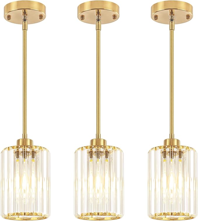3 Pack Brushed Brass Pendant Lights Kitchen Island, Modern Crystal Pendant Lighting Over Island Kitchen Hanging Light Fixtures Adjustable Pendant Light for Dining Room Bathroom Entryway Hallway Foyer