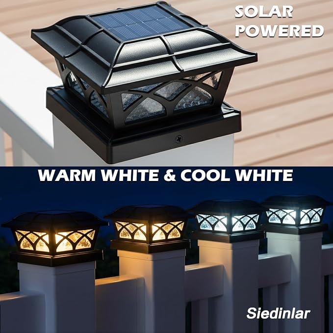 SIEDiNLAR Solar Post Cap Lights Outdoor Glass 2 Color Modes 8 LEDs for 4x4 5x5 6x6 Posts Deck Fence Patio Decoration Warm White & Cool White Lighting Black (4 Pack)