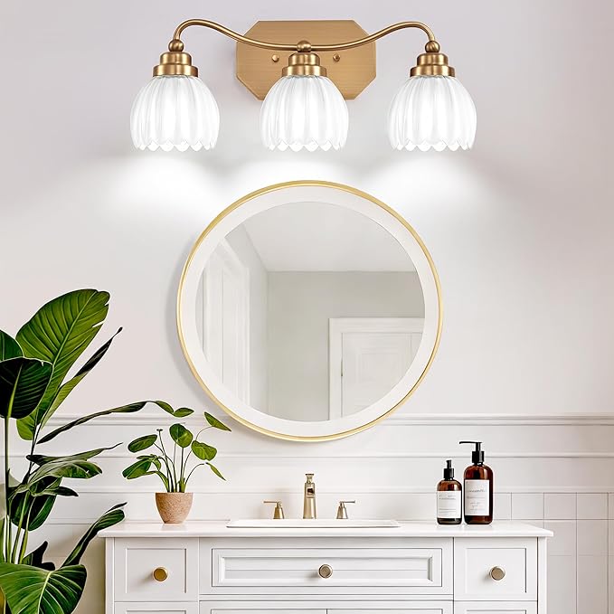 Vintage Bathroom Light Fixtures, Gold Bathroom Vanity Light, Matte Antique Brass Finish with Crystal Glass Shade, Wall Sconces Lighting for Bedroom, Living Room, Hallway (Milk White, 3-Light
