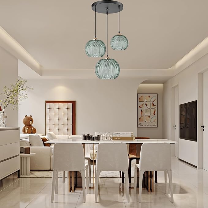 3-Light Cluster Chandelier, Mid Century Modern Dining Room Light Fixture Over Table, Kitchen Island Hanging Pendant Light Adjustable with Ribbed Glass Globe, Farmhouse Foyer Lighting