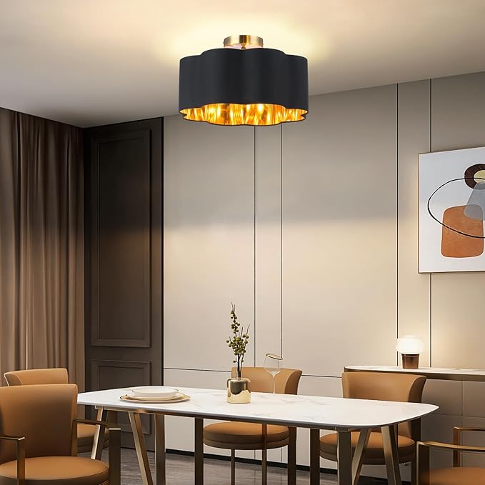 Newrays 3-Light Semi Flush Mount Ceiling Light Fixture, Fabric Shade Modern Close to Ceiling Lamp for Nursery Kids Room Bedroom Kitchen Hallway Entryway with 3PCS LED Bulbs (Black)