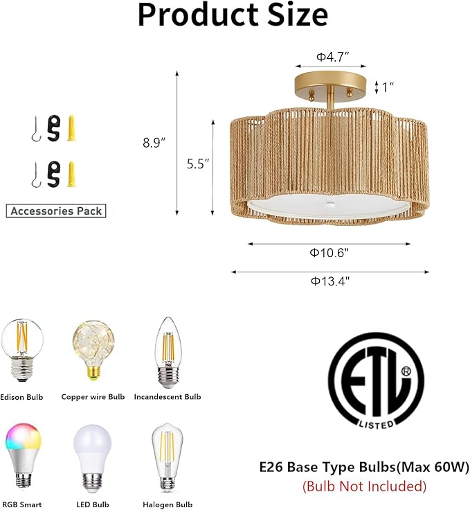 13 Inch Rattan Flush Mount Ceiling Light Fixtures 2-Light Boho Light Fixtures for Bedroom,Close to Ceiling Light Modern for Hallway Kitchen Entryway Dining Room