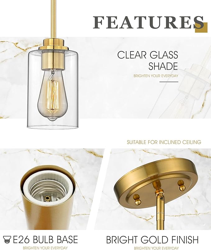 Pendant Lights Kitchen Island, Farmhouse Gold Pendant Lighting with Clear Glass Shade, Kitchen Pendant Lighting Over Island for Dining Room Entryway, AD-22281-1P-GD-C