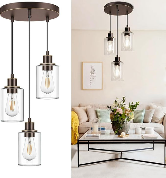 MAXvolador Industrial 3-Light Pendant Light, Adjustable Hanging Light Fixture with Clear Glass Shade, Pendant Lighting E26 Base Ceiling Lamp, Oil-Rubbed Bronze