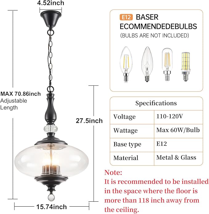 Farmhouse Black Pendant Light 5-Light Clear Glass Chandelier with Adjustable Chain W 15.74 in Kitchen Island for Dining Room