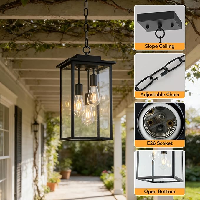 Outdoor Pendant Light Fixture E26 3-Light Modern Black Metal Outside Chandelier Exterior Hanging Fixture Ceiling Mount with Clear Glass for Porch Front Door Entrance Entryway, 1 Pack