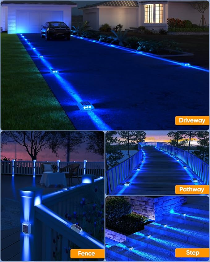 DetarZinLED Solar Driveway Lights Outdoor, 8 Pack IP68 Waterproof Dock Deck Lights Solar Powered, Stick on & Screw Blue Markers Light for Pathway, Walkway, Sidewalk, Patio, Pool Deck, Garage Entrance