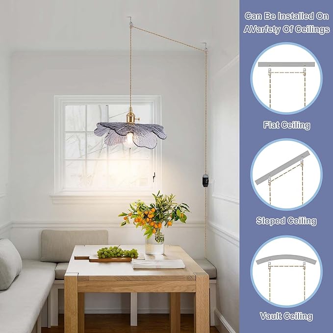 Plug in Pendant Light Fixtures,Hanging Light Fixture 12.9in Blue Glass Pendant Light,E26 Pendant Lighting for Kitchen Island, Bedroom, Dining Room, Living Room