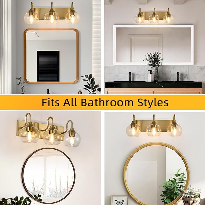 Bathroom Light Fixtures, 3-Light Brushed Gold Vanity Light Over Mirror, Modern Wall Sconces 21" with Clear Glass Globe Shade, Bathroom Wall Lights for Mirror Kitchen Bedroom Hallway