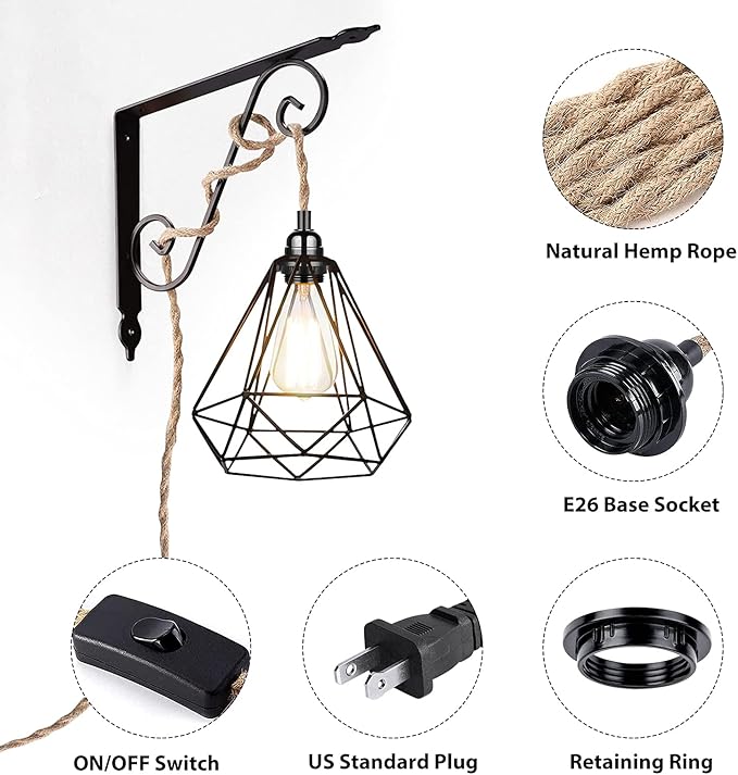 HURYEE Plug in Hanging Light Fixture, 15FT Pendant Lamp Lights Cord with Switch Cord E26 Bulbs Socket, Industrial DIY Twisted Hemp Rope Overhead Lamps for Farmhouse Bedroom Home Lighting Decors