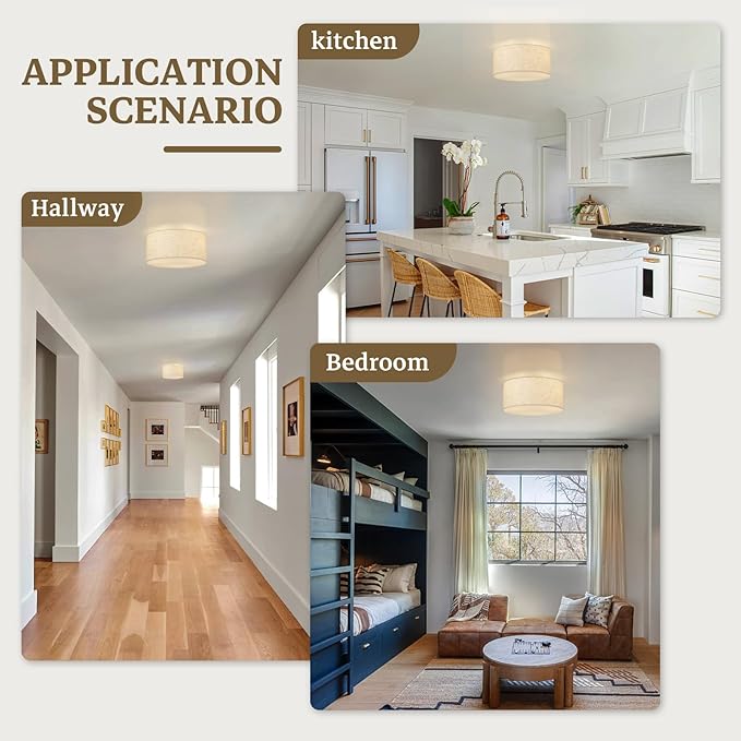 13inch Semi Flush Mount Ceiling Light Fixture,3-Light Ceiling Mount Drum Light Fixture with Linen Shade,Modern Close to Ceiling Lamps for Living Room, Bedroom, Dining Room,Hallway