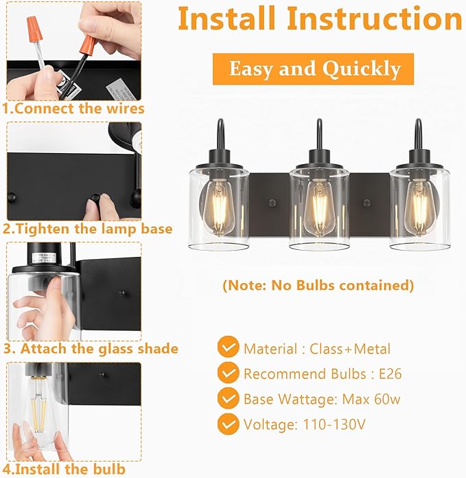 Baocuz 3-Light Bathroom Light Fixtures, Black Vanity Light Farmhouse Wall Sconces with Clear Glass Shade, Modern Bathroom Wall Lamp for Mirror Bedroom Hallway Living Room Cabinet