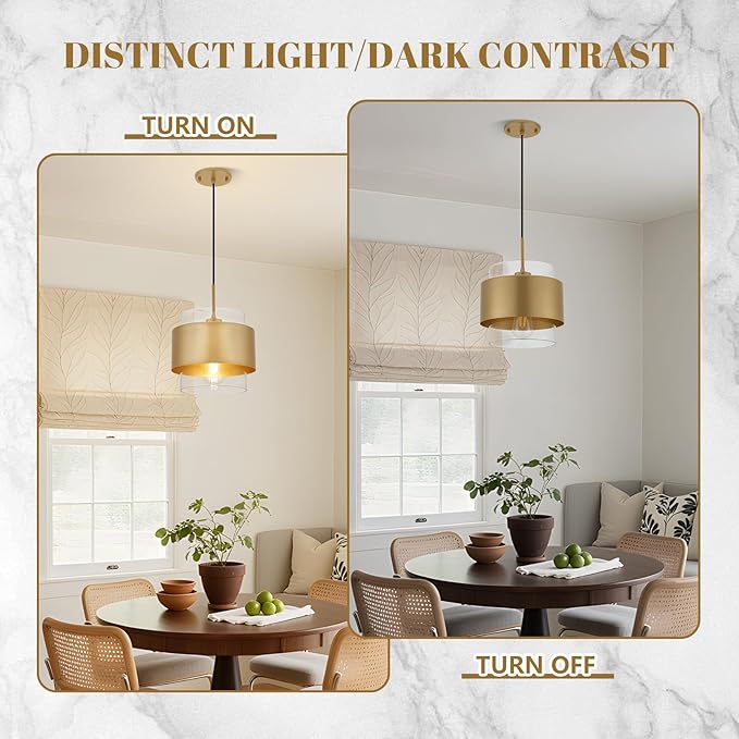 9.8" Gold Pendant Lights Kitchen Island, Farmhouse Pendant Lighting with Clear Glass Shade, Industrial Hanging Pendant Lights Fixture for Kitchen Island Dining Room Hallway