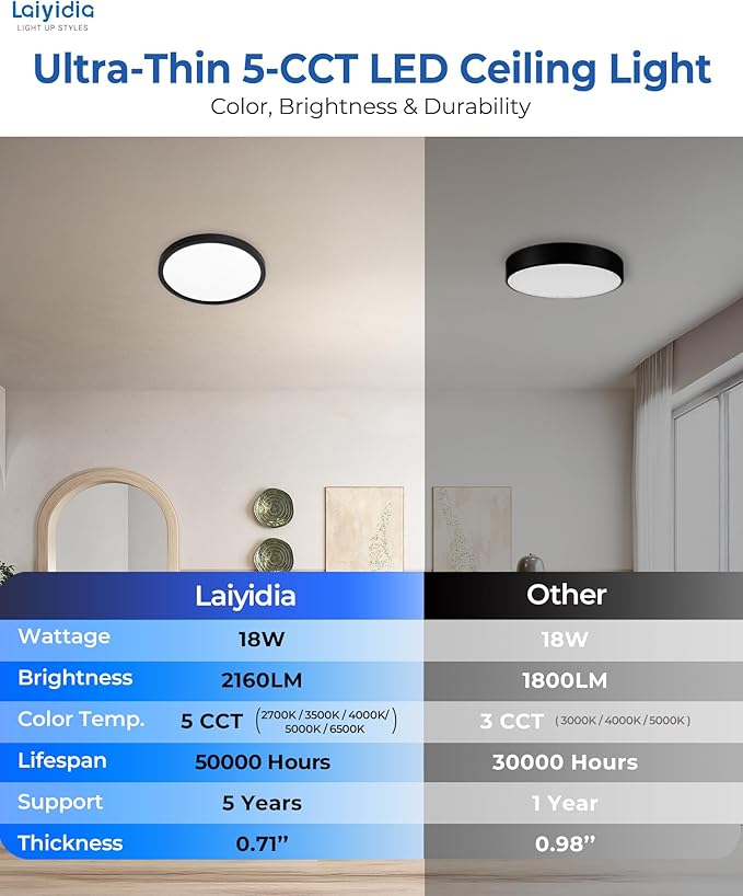 9 Inch LED Flush Mount Ceiling Light, 18W 2160LM & 5 CCT in One 2700K-6500K Selectable, Ultra Thin Round Flat Fixtures for Hallway Porch Stairwell Closet Basement, Non-Dimmable,Black