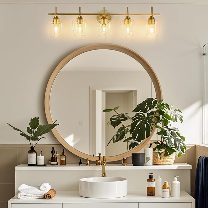 Bathroom Light Fixtures 5-Light Brushed Nickel Vanity Light with Clear Glass Shade, Modern Wall Lights for Bedroom Hallway Living Room (Gold, 5-Light)