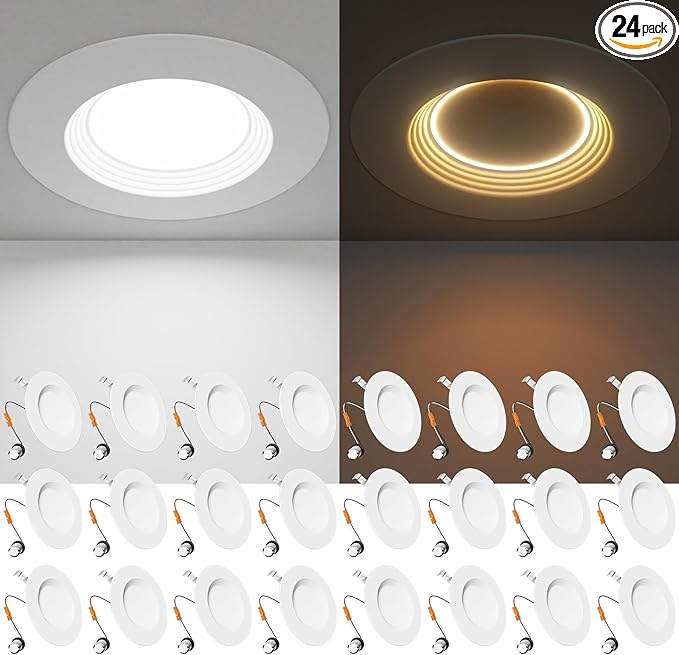 Ensenior 5/6 Inch 5CCT LED Can Lights with Night Light 24 Pack, Retrofit Led Recessed Lighting, Baffle Trim, Dimmable, 9W=110W, 1000LM (24, 6 Inch)