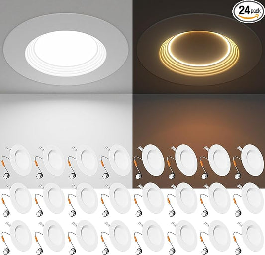 Ensenior 5/6 Inch 5CCT LED Can Lights with Night Light 24 Pack, Retrofit Led Recessed Lighting, Baffle Trim, Dimmable, 9W=110W, 1000LM (24, 6 Inch)