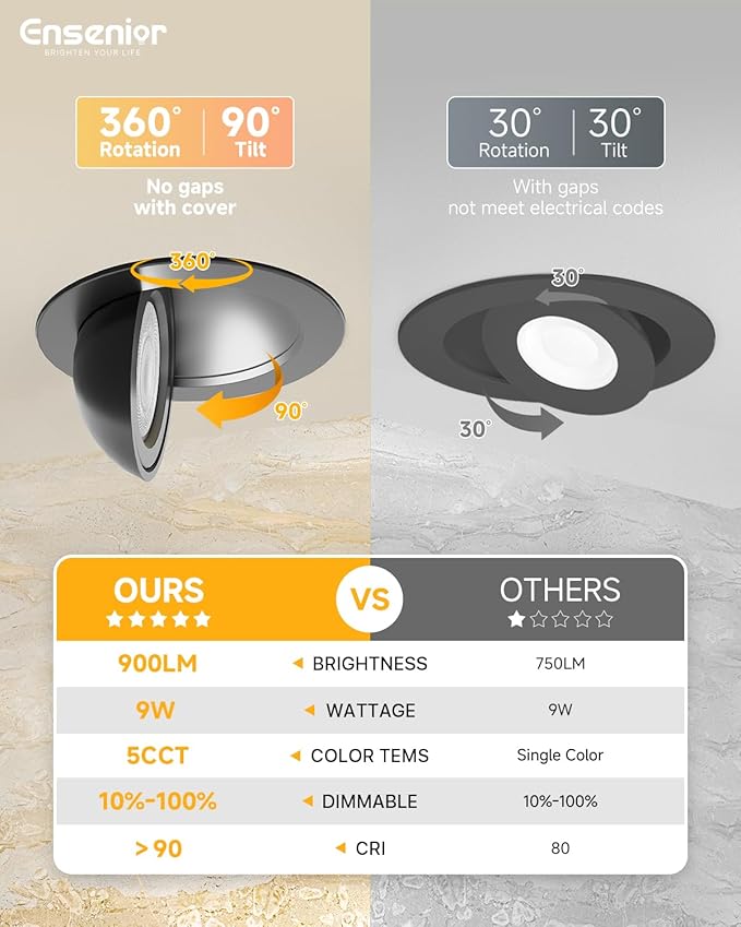 Ensenior 6 Pack 4 inch 5CCT LED Gimbal Led Recessed Light with Junction Box, 360°+90° Adjustable Directional Lighting, Dimmable, CRI90+, 2700K/3000K/3500K/4000K/5000K, 900LM, 10W=85W-ETL&FCC, Black