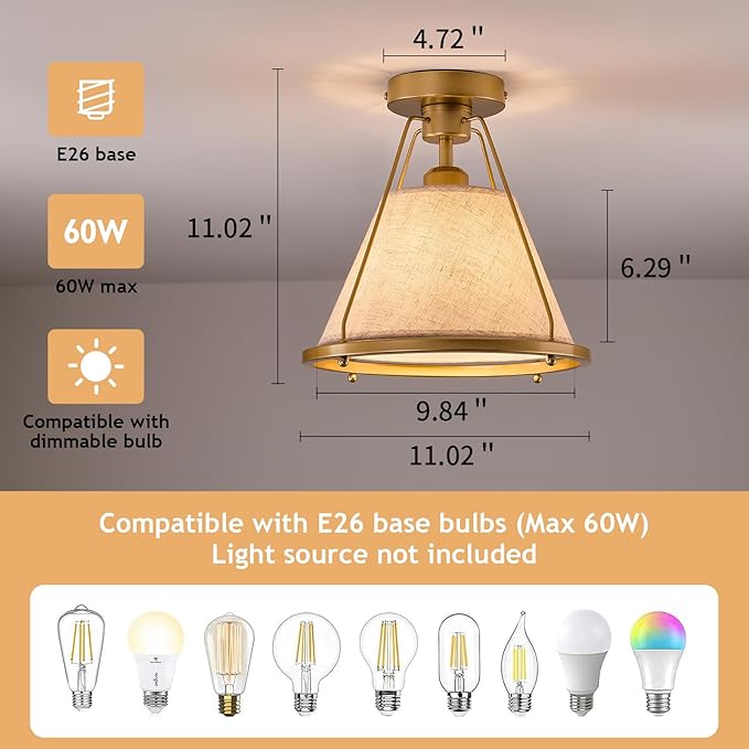 Gold Semi Flush Mount Ceiling Light Fixture with Fabric Shade Modern Bedroom Light Fixture Farmhose Close to Ceiling Light for Living Room Kitchen Hallway Entryway