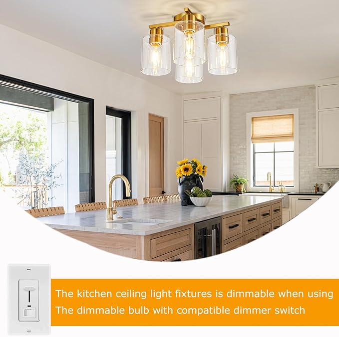 4 Light Semi Flush Mount Ceiling Light Brushed Gold Kitchen Lighting Fixtures Ceiling Brass Hallway Cieling Lights Fixture with Clear Glass Shade for Bedroom Dining Room