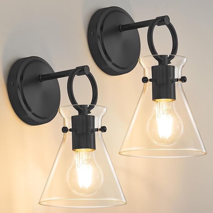 Wall Sconces Set of 2 Modern Vanity Light Fixtures for Bathroom Black Wall Mount Lighting Lamp Hardwired Farmhouse Wall Lights with 6 Inch Clear Glass Shade for Bedroom Living Room Mirror