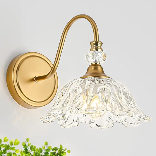 1 Piece Vintage Wall Sconce with Floral Clear Glass Shade, Matte Brass Finish Wall Mount Lighting for Bathroom,Vintage Bathroom Vanity Light Fixtures