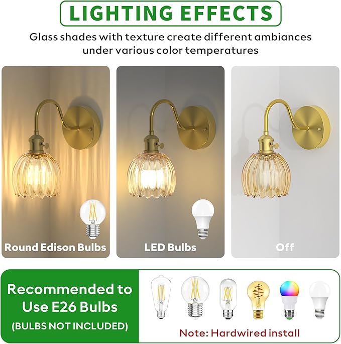 Wall Sconces Lights Lamp for Bedroom Bathroom, Modern Vanity Light Fixtures, Wall Mount Lighting Vintage Tulip Amber Glass Shade for Living Room Mirror Hallway Kitchen