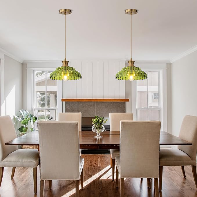 2Pack Glass Pendant Lights, 11.8" Vintage Lighting Green Glass Light Fixtures Brushed Gold Modern Green Chandelier Hanging Ceiling for Kitchen Island Dining Room Restaurant Foyer Entryway