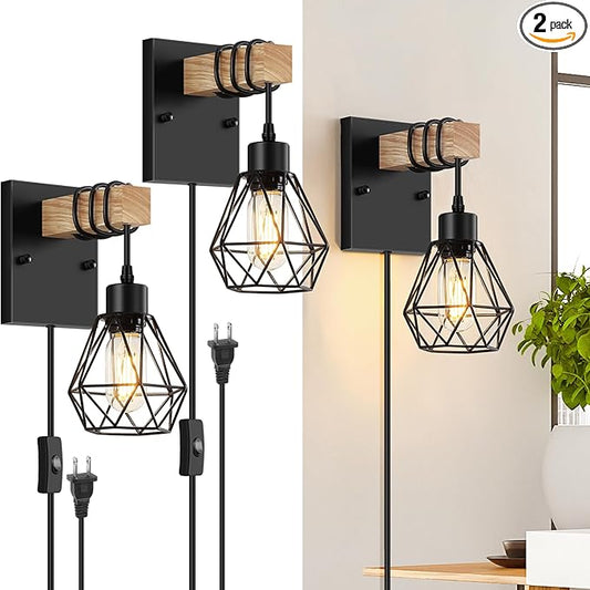 Lomoky Plug in Wall Sconces Set of Two, Vintage Wood Wall Lamps with Plug in Cord, Farmhouse Wall Light Fixture with 5.25FT On/Off Switch Cord, Indoor Sconces Lighting for Bedroom Living Room