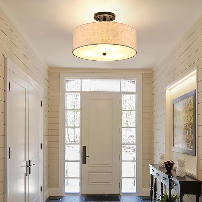 13.8 Inch Semi Flush Mount Ceiling Light Fixture, 3-Light Modern Farmhouse Drum Pendant with Fabric Shade for Bedroom Hallway Entryway Living Room (Oatmeal+Black)