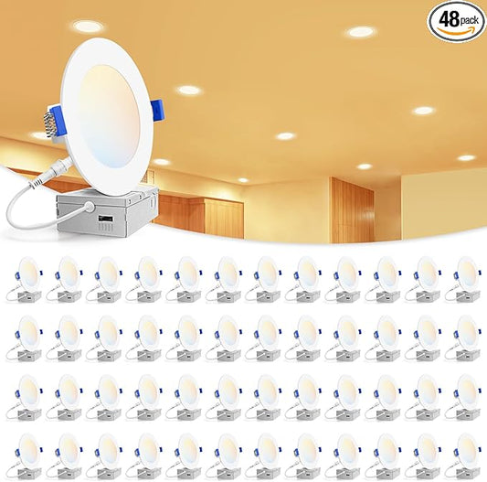 VOLISUN 48 Pack 4 inch Recessed Lighting, 5CCT Ultra-Thin LED Recessed Light with Junction Box, 2700K-5000K Selectable, 810Lumen Dimmable Canless Wafer Downlight, LED Ceiling Light ETL Certificated