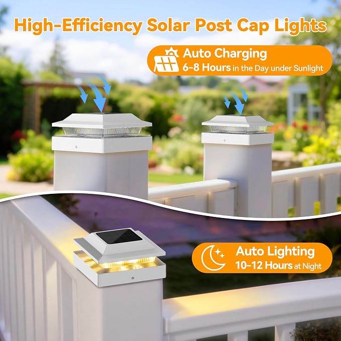 Solar Post Cap Lights 2-Pack, IP65 Waterproof Fence Post Solar Lights for 4x4 Wood/Vinyl Posts, Outdoor Post Lights with 2 Color Modes Decorate Garden Patio Porch Backyard, White