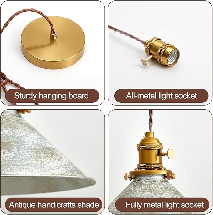 Rustic Pendant Light 2 Pack with Vintage Silver Metal Lampshade, Kitchen Island Pendant Light 6.5Ft Adjustable Hanging Lamp for Kitchen Island Dining Room Hallway