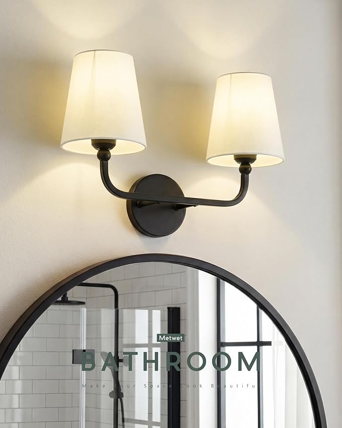 2-Light Bathroom Light Fixtures, Matte Black Vanity Lights, Double Wall Sconce with Beige Fabric Shade, Modern Sconces Wall Lighting for Hallway Bedroom Stairway, VL837-MB-B-2