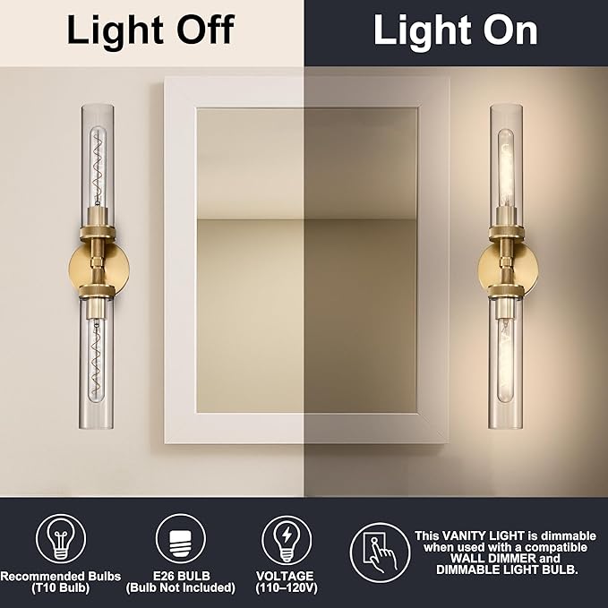 LaLuLa 2-Pack Bathroom Vanity Light Fixtures – Modern 2-Light Gold Wall Sconces with Knurled Texture, Clear Glass Shades, Horizontal or Vertical Mount, Bathroom Lighting Fixtures Over Mirror