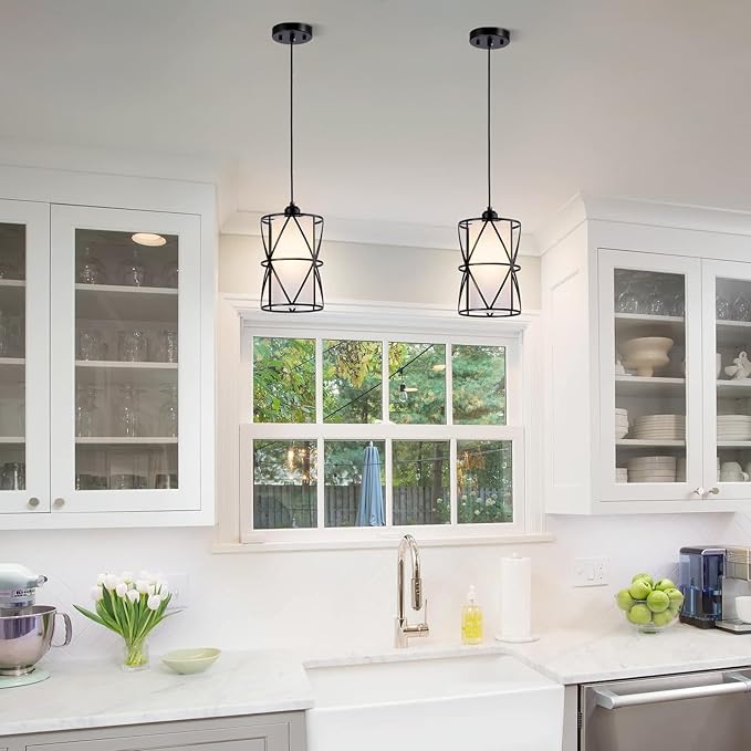 7"×10" Pendant Lights with Frosted Glass, Matte Black Pendant Lighting Kitchen Island, Cylindrical Pendant Light Fixtures, Modern Kitchen Island Lighting, Pendant Light for Foyer-Large
