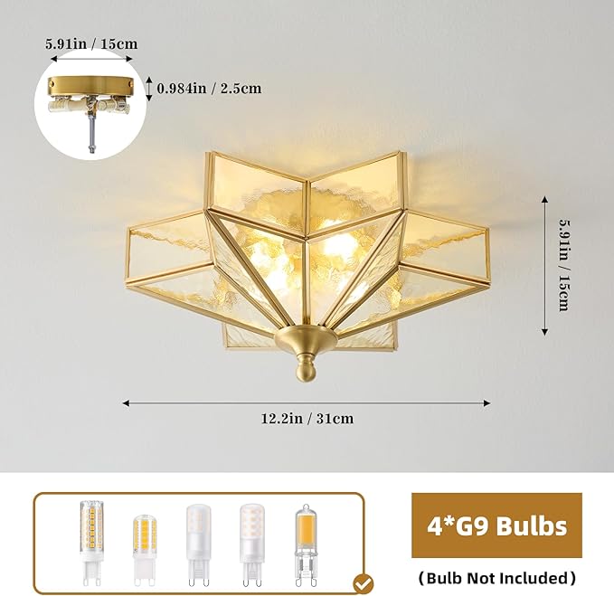 Star Brass Glass Ceiling Light - Small 12 in Gold Hammered Flush Mount Fixture - Unique Art Deco Vintage Modern Lighting Lights for Bedroom Dining Foyer Entryway Hall Hallway Outdoor Porch