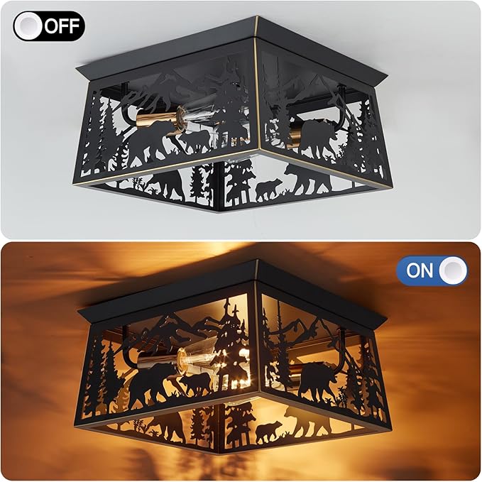 Farmhouse Flush Mount Ceiling Light Fixture, 2-Light Bear Rustic Light Fixtures for Log Cabin Kitchen, Bedroom, Living Room, Outdoor Porch, and Foyer Entryway Lighting (Bulbs not Included)