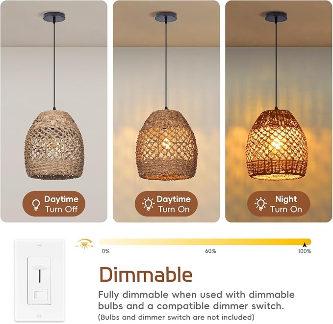 9.8" Boho Rattan Chandelier Light Fixture, 1-Light Hand Woven Wicker Small Pendant Lights Kitchen Island Farmhouse Rustic Hanging Lamp for Dining Room, Bedroom, Living Room, Entryway, Foyer