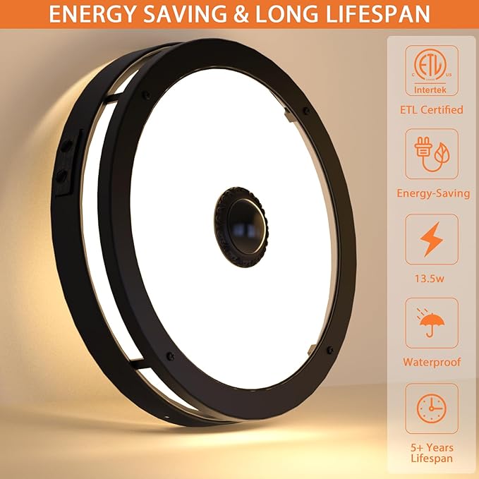 Outdoor Motion Sensor Flush Mount LED Light, 12" Dusk to Dawn Porch Modern Black Exterior Light, Ceiling Light Fixture for Farmhouse Garage Entry