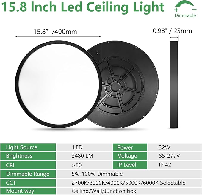 15.8 Inch Dimmable LED Flush Mount Ceiling Light, 32W, 3480LM, 3000K/3700K/4000K/5000K/6000K, Round Flat Panel Low Profile Ceiling Light Fitures for Hallway, Kitchen, Bedroom, 1PK Black
