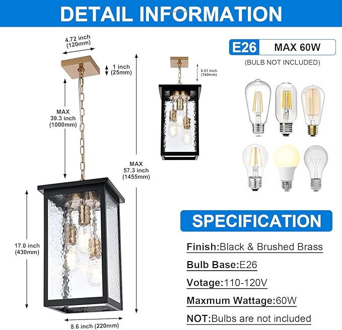 Outdoor Pendant Light Fixture, 3-Light Vintage Black & Brushed Brass Farmhouse Exterior Hanging Lights with Hammer Glass Adjustable Chain, Outdoor Hanging Lantern for Porch Entrance Foyer Front